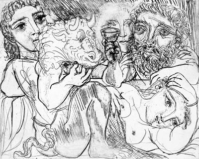 Título: Minotauro bebedor y mujeres. Autor: Pablo Picasso